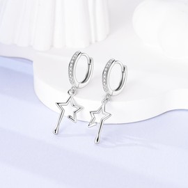 Parmuz 925 sterling silver hoop earring for Woman Dangle Drop Boho vintage Feather Dangling Earring set purple Dream Catcher Simple Small Huggie earring Jewelry Gift