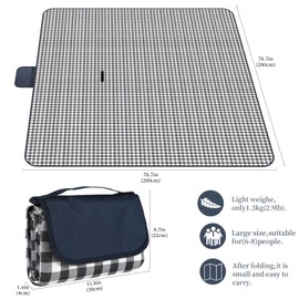 GUSUWU Picnic Blanket Waterproof Beach Rug 80''x80'' Picnic Mat Washable Lightweight with Handle Navy Blue Checkered for Hiking Travelling Outdoor Camping,Parks
