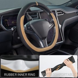 COFIT D-Shape Car Steering Wheel Cover for 37-38 cm, Scratch-Resistant Flat Floor Steering Wheels, Microfibre Leather Steering Wheel Cover, Non-Slip Breathable Steering Wheel Protection, Beige and