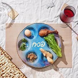 Rite Lite Blue Marble Design Glass Seder Plate for Passover – Elegant Round Design with Gold Accents, Hebrew & English Food Labels, Handcrafted 12" Glass Seder Plate, Perfect Pesach Gift