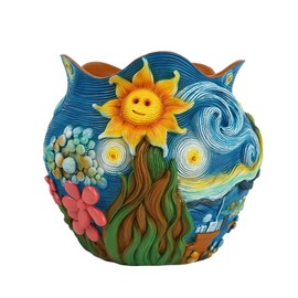 Starry Night Theme Flower Pots Colorful Art Planter Pots for Indoor Plant Cute Unique Resin Flower Pot with Drainage Hole for Home Decor