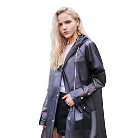 L-Rain TPU Clear Rain Coat for Women - Waterproof Packable Fashion Rain Poncho with Hood Reusable Raincoat-Black-M, Medium