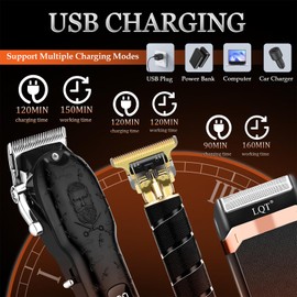 LQT Vintage Black Professional Hair Clippers for Men, Cordless T-Blade Beard & Hair Trimmer Kit, LED Display, Rechargeable Electric Hair Cutting Machine for Home, Barber,Salon, Gift for Him
