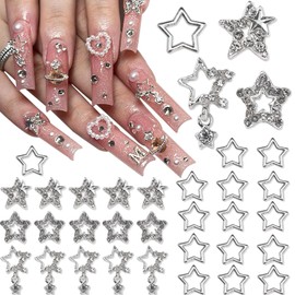 YAEISM 30PCS Star Nail Charms 3D Alloy Nail Art Charms 4 Styles Silver Stars Nail Rhinestones Crystal Pentagram Nail Gems for DIY Crafts Jewelry Decoration Nail Supplies