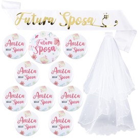 FLOFIA 12 pieces 1 bridal sash with 1 head veil, 1 bride badge, 9 bride team badges