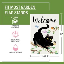 Stosts Welcome Spring Summer Black Cat Decorative Garden Flag, Branches Bird Butterfly Yard Outside Home Decor Pet Lover Gift, Paw Prints Seasonal Burlap Outdoor Small Decoration Double Sided 12 x 18