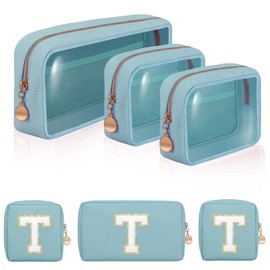 SYNVOGIA Birthday Gifts | Initial Clear Make Up Bag Travel Toiletry Bag Clear Makeup Bag Cosmetic Travel Beach Bag Car Organizer Essentials for Women Men | Gifts for Girlfriend Teacher | 3 Pcs Blue T