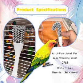 Tovyzalg 2-in-1 Bird Cage Cleaning Brush & Poop Remover with Long Handle – Scraper, Curved Brush for Parrot Cages, Kennels, and Perches – Rust-Resistant Pet Habitat Cleaning Tool (2 Pcs) (Grey+White)