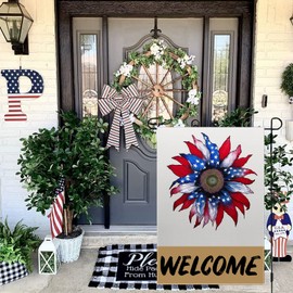 4th of July Garden Flag: Patriotic American Floral Welcome Flag 12x18 Inch Double-Sided Design - Blue Red Memorial Independence Day Outdoor Yard Decor