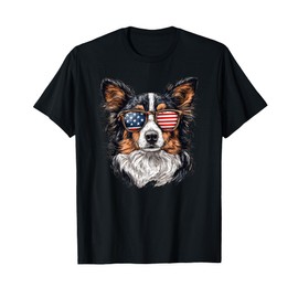 Patriotic Sheltie USA Flag Sunglasses Dog Lover 4th Of July Men Women Kids T-Shirt