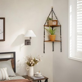 Artilady Black Corner Shelf Wall Hanging - 2 Tier Wood Floating Shelves, Rustic Boho Wall Shelf Decor Hand Woven Cotton Rope Storage Rack for Plants Pots Photo Frames (Black)