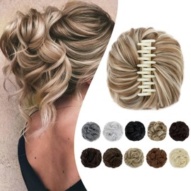 Elailite Hairpiece with Clip, Hair Bun Hair Pieces, Hair Scrunchie with Hair, #27H613 Sand Brown/Light Blonde Hair Extensions with Elastic Band, Clip Bun (Calibre 15 cm)