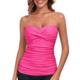 RELLECIGA Women's Neon Rose Ruched Bandeau Tankini Top Swimsuits Size Large