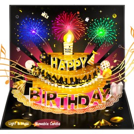 Pop Up Birthday Cards for Men - LED Light & Music with Blow The Candle, Gold Crown, 3D Balloons, Singing Happy Birthday gifts Card for Husband - Women, Kids, Son, Her, & Dad