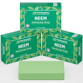 HERBOGANIC Neem Handmade Soap - Natural, Moisturizing Soap Bar for Soft and Smooth Skin with a Spa-Like Experience Pack of 3 (100g