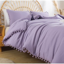 TanNicoor Pom Fringe Duvet Cover Set - 3 Piece Natural Ultra SOFE Color Washed Microfiber Bedding Set, Modern Style Down Comforter Quilt Cover with Zipper Closure(Full, Lavender Purple)