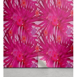 Ambesonne Hibiscus Peel & Stick Wallpaper for Home, Summer Concept Pattern of Tropical Flowers and Monstera Leaves, Self-Adhesive Living Room Kitchen Accent, 13" x 100", Raspberry Pale Pink