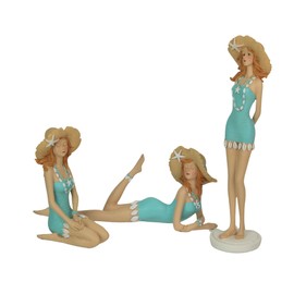 Fancy That Charming Retro Redhead Bathing Beauty Figurine Set of 3 – 14-Inch Standing, 7.75-Inch Sitting, and 6-Inch Lying Down – Vintage Coastal Decor Accents