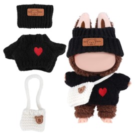 3pcs Clothes Outfit for 17cm Dolls, Adorable Doll Accessories with Heart Sweater Crossbody Bag and Hat for Decoration Supplies (Black)