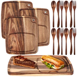 Hushee 16 Pcs Acacia Wooden Steak Plates Board Serving Tableware Set Include Wooden Plates with Juice Channel, Knives, Forks and Spoons for Christmas Kitchen Gift for Steak Lovers