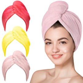 YHPDYL 3 Pack Microfiber Hair Towel Wrap for Women, Fast Drying Hair Turban with Button, Anti-Frizz Large Hair Towel for All Hair Styles, Soft & Absorbent Hair Drying Towel(Red Pink Yellow)