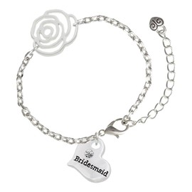 Delight Jewelry Silvertone Large Bridesmaid Heart - Silver-tone Flower Link Chain Bracelet, 6.75"+2" Extender
