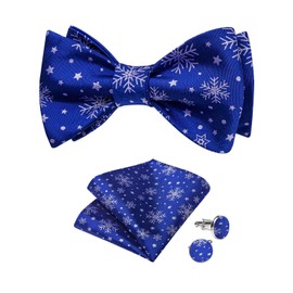 DiBanGu Christmas Bow Ties for Men Royal Blue Snowflake Silk Novelty Festival Men’s Self Tie Bow Tie and Pocket Square Cufflinks Set Xmas Holiday