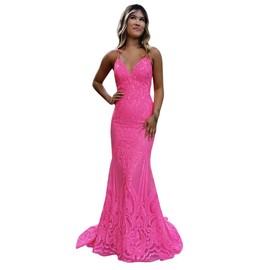 CDSSL V Neck Long Sequin Hot Pink Prom Dresses 2024 Lace Glitter Corset Mermaid Formal Dresses for Women Evening Party Size 16