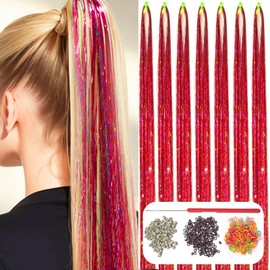 Red Hair Tinsel Kit: 48 Inches 7Pcs 2100 Sparkling Strands Glitter Tinsel Hair Extensions with Tools - Fairy Heat Resistant Hair Tinsel Accessories for Women Girls Kids