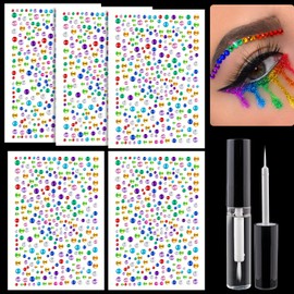 1625 Pcs of Rhinestone Stickers 3/4/5/6mm Colorful Self Adhesive Face Gems, Stick on Body Crystal Jewels with Quick Dry Makeup Glue for Face Eye Hair Nails Make up and Craft DIY Decorations