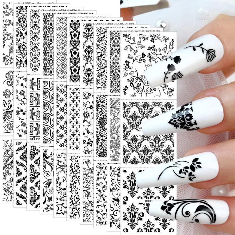 30 Sheets Black Lace Nail Stickers for Nail Art 3D