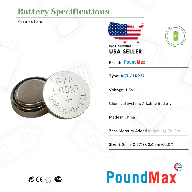 PoundMax AG7 LR927 Batteries 1.5v Alkaline Button Cell Battery -