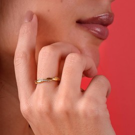 TJC White Cubic Zirconia CZ Crossover Ring for Women in Yellow Gold Plated 925 Sterling Silver Size T Promise Friendship Band with Prong Setting Metal Wt. 1.7 Grams