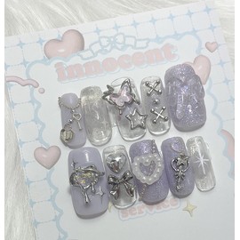 Purple Butterfly Handmade Nail Tips - Short Coffin / 퍼플 버터플라이 수제네일팁 - 숏코핀