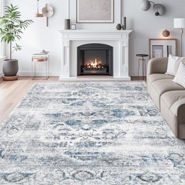 xilixili 4x6 Area Rugs with Non Slip Backing - Stain Resistant Washable Rugs for Living Room，Bedroom & Dining Room，Vintage Printed Home Decor Rug (Blue/Grey,4'x6')