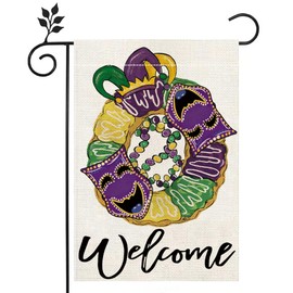 Welcome Mardi Gras Donut Mask Garden Flag 12x18 Inch Double Sided Fleur de Lis New Orleans Carnival Yard Outdoor Decoration Flag -A