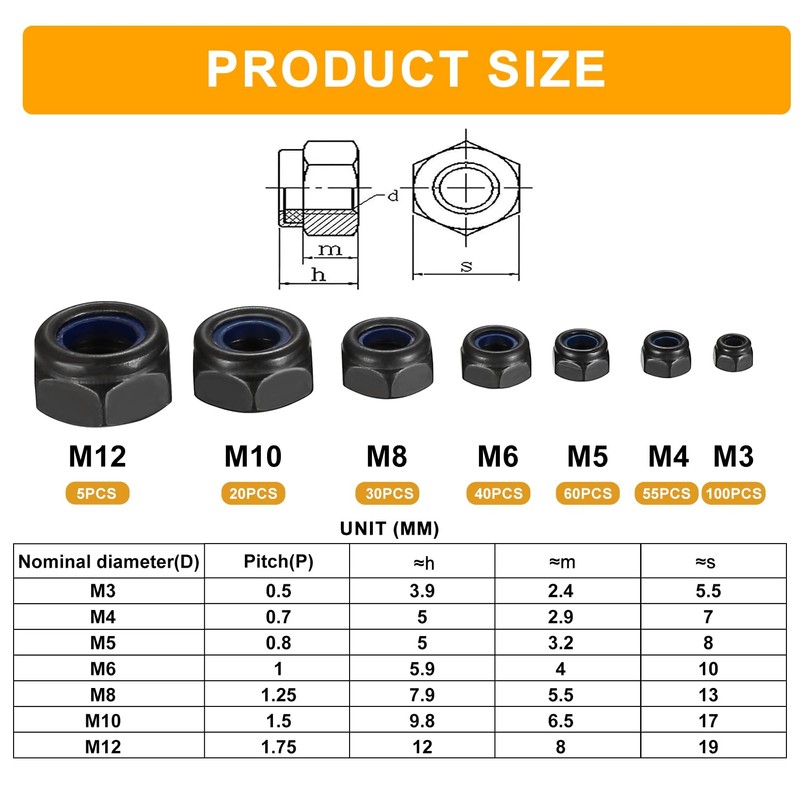 310 Pcs Nylock Nuts, Self Locking Nuts, Nylon Insert Lock