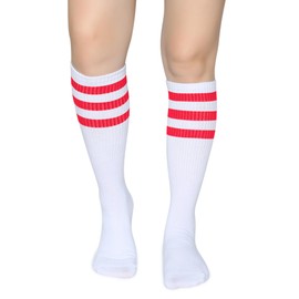 Henwarry Classic Triple Stripes Over the Calf Cotton Retro Tube Socks for Men and Women (A05-Red/White)