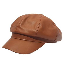 Women PU Leather Newsboy Cabbie Peaked Beret Cap Vintage Baker Boy Visor Hat Brown