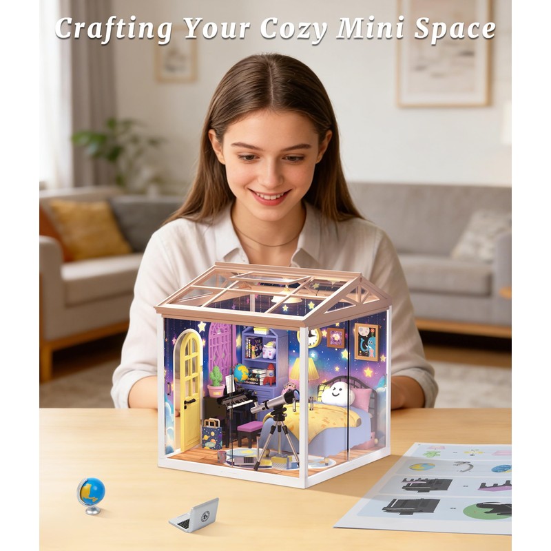 BeepZipp Starry Night Bedroom Miniature House Kit, DIY Space-Themed Dollhouse