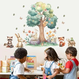 SMAOSTORE Wall Sticker Forest Animal Bunny Raccoon Rabbit Large Tree Sticker Stylish Kids Room Bedroom Kindergarten Classroom Background Wall Waterproof Removable Wall Paper Wallpaper