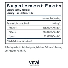 Vital Nutrients Pancreatic Enzymes 500 mg 90 Cápsulas Suplemento Digestivo Apoyo a la Digestión de Proteínas Grasas y Carbohidratos Fórmula de Alta Potencia para Hombre y Mujer