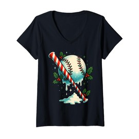 Womens Baseball Cane Candy Bat Winter Holiday Artwork V-Neck T-Shirt