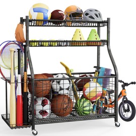 Garage Sports Equipment Organizer,Ball Storage With Four Baskets And Six Hooks,Sports Organizer For Garage,Heavy Duty Garage Organizer,Garage Storage,Garage Organization,Outdoor Toy Storage,Black