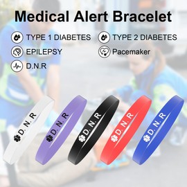 Pmormyy 5PCS Medical Alert Bracelet for Women Men, Medical Alert ID Silicone Wristband for D.N.R 8in