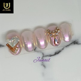Pink pearl powder handmade nail tips - Short ballerina / 핑크진주파우더 수제네일팁 - 숏발레리나