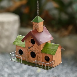 MOCOME Large Bird Houses for Outside Hanging, 4 Hole Outdoor Bird House with Clock Tower, Easy Clear, Metal Bird Houses for Outside with Perches.