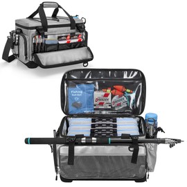 Rexmica Fishing Tackle Bag with Hard Bottom for 3700/3600/3500 Tackle Box, Waterproof Freshwater & Saltwater Fishing Storage Bag, Tackle Box Storage Case with Rod Holder, Pliers Storage