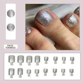 Fake Toe Nails - Glitter Silver False Toenails - 24pcs Short Squar Summer Fake Toe Nail - High Glossy Acrylic Full Cover Fake Toenails Art Set for Women Girls,Stick On Toenails