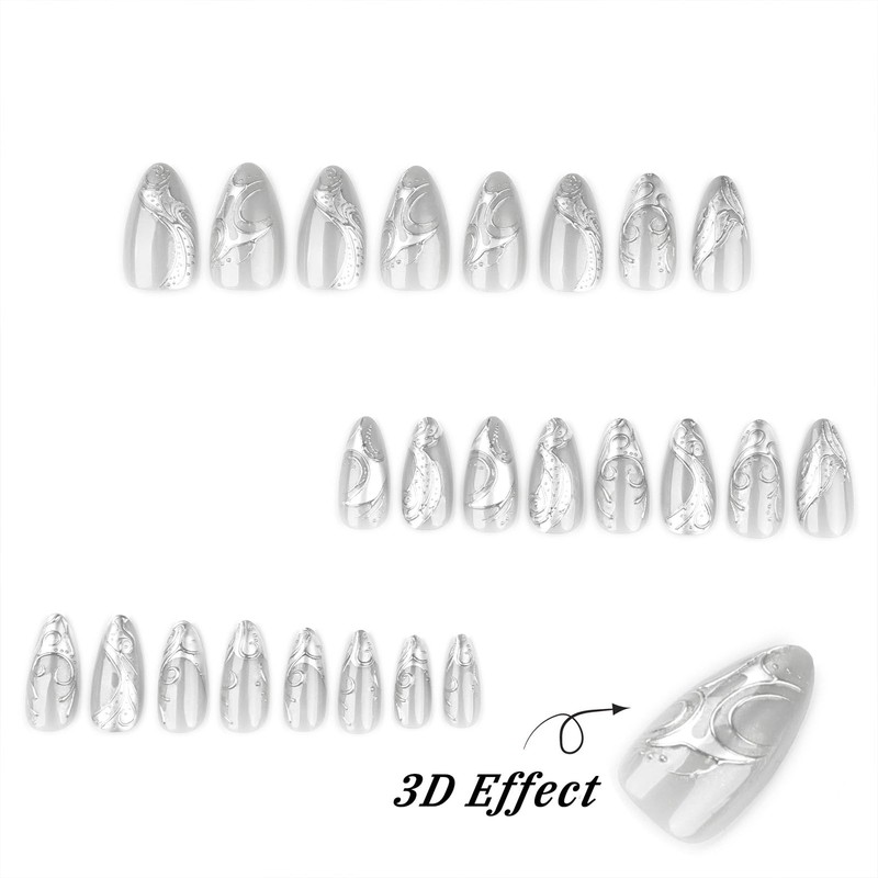 Silver Press on Nails Medium Almond Fake Nails Metal Chrome
